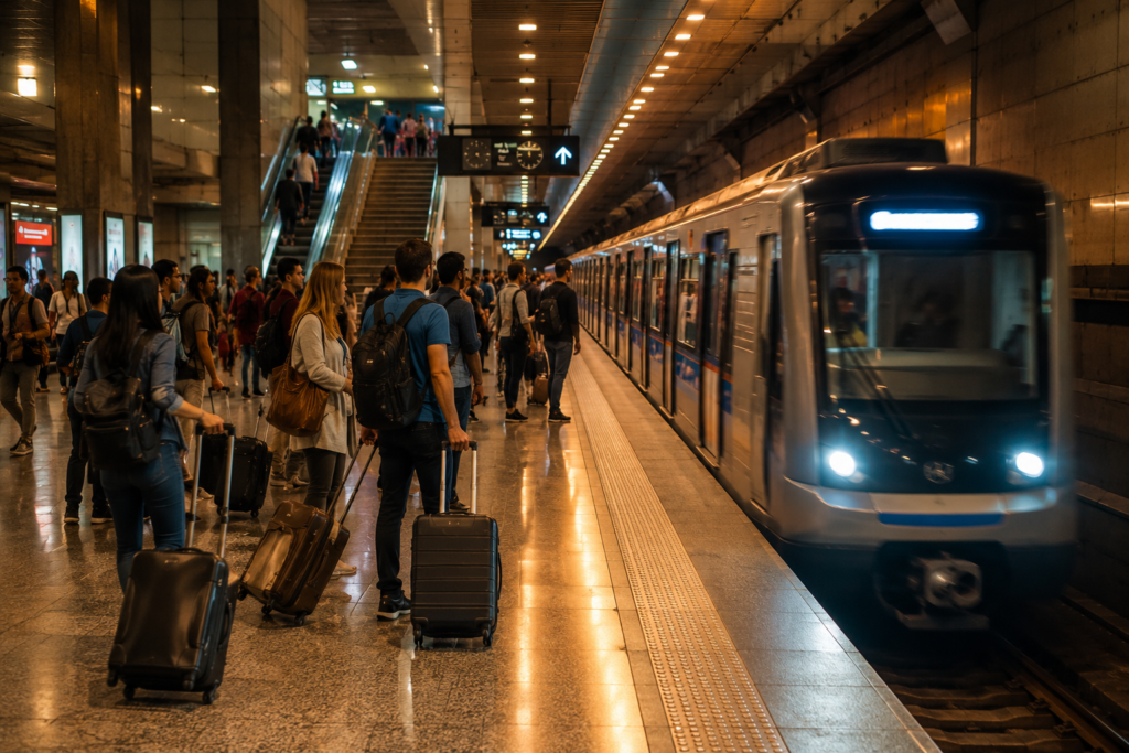 Cheapest way to get from airport to city — travelers with luggage waiting on a modern metro platform for an airport train connection