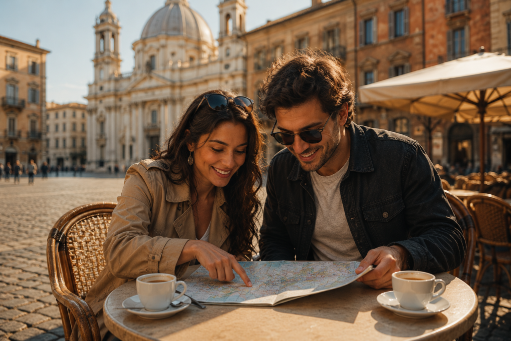 Couples vacation planning checklist feature image — happy couple at an outdoor European café table leaning over a travel map together with espresso cups and historic architecture in the background
