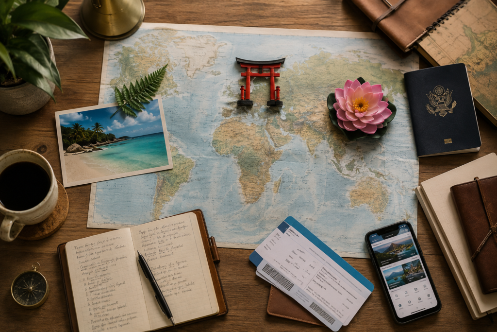 Custom travel planning guide feature image — world map with destination elements representing New Zealand, Maldives, Japan, and India alongside passport, itinerary notes and boarding passes