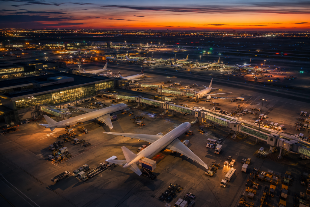 Direct flight to London — aerial view of a major international airport terminal at dusk with wide-body aircraft at gates representing nonstop US to London transatlantic routes
