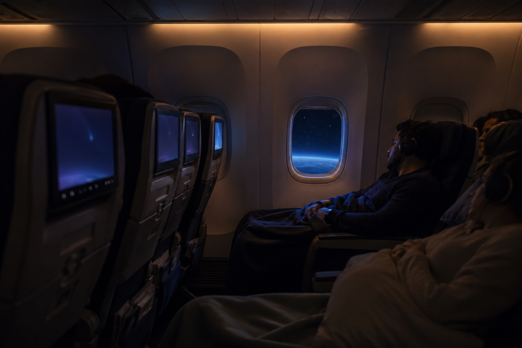 Direct flight to London feature image — modern aircraft cabin at night during a transatlantic flight with passengers settled in and stars visible through the oval window