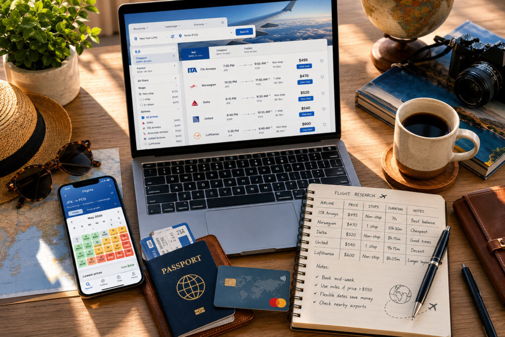 Flight tickets booking sites comparison — laptop showing flight search results alongside a smartphone with a calendar price view, notebook with price comparisons and passport on a desk