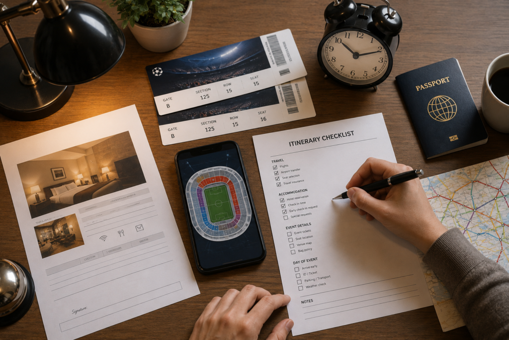 Event travel itinerary planning checklist — printed itinerary with checkboxes, stadium venue map on smartphone, event tickets, passport and hotel confirmation on a planning desk