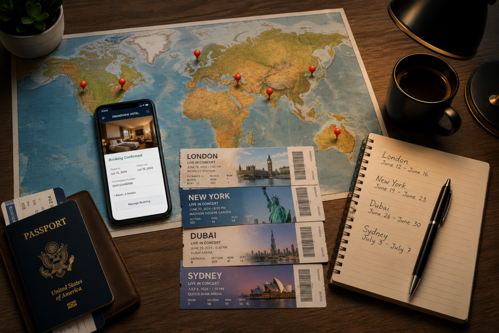 Host city hotel booking strategy for World Cup and Olympics travel — world map with host cities marked, hotel confirmation, event tickets and passport on a planning desk