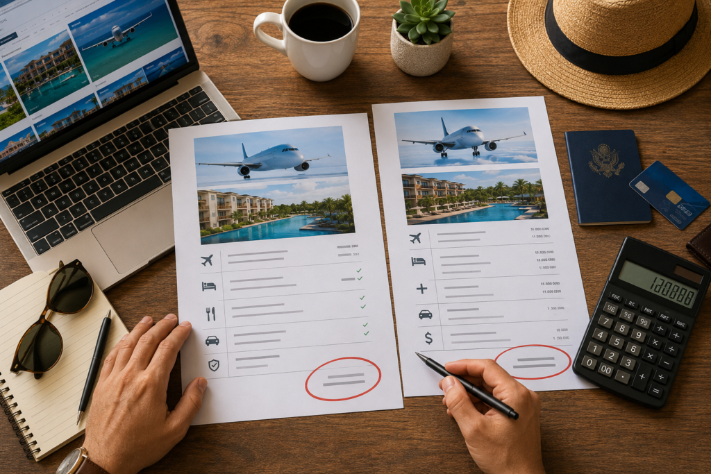 Hotel and flight package deals comparison planning — two side-by-side itineraries showing package deal versus separate booking with calculator and laptop representing the all-in cost comparison process