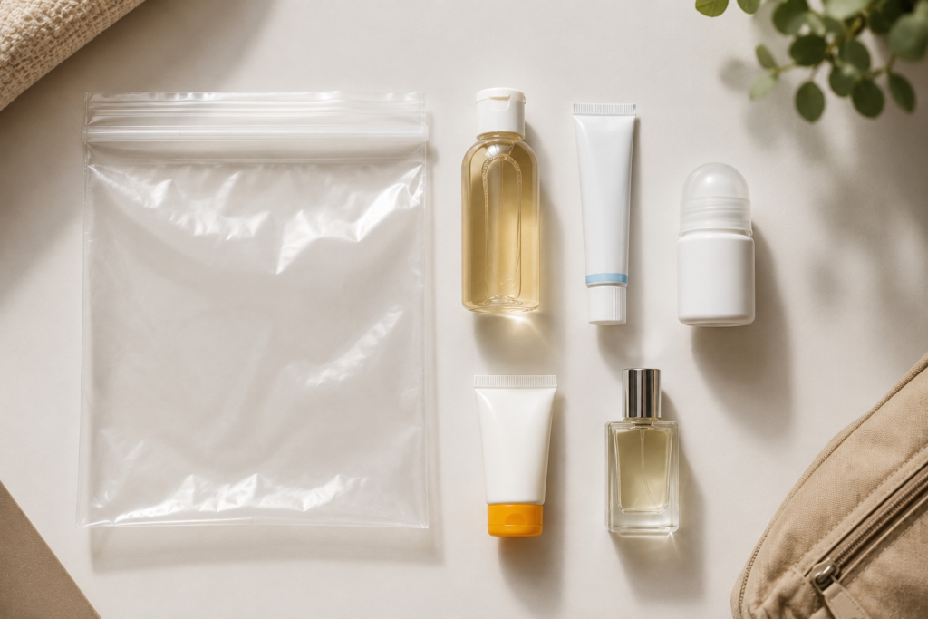 How much liquid can you take on a plane — clear quart-sized zip-top bag with travel-sized toiletry bottles all under 100ml representing the 3-1-1 rule for airport security
