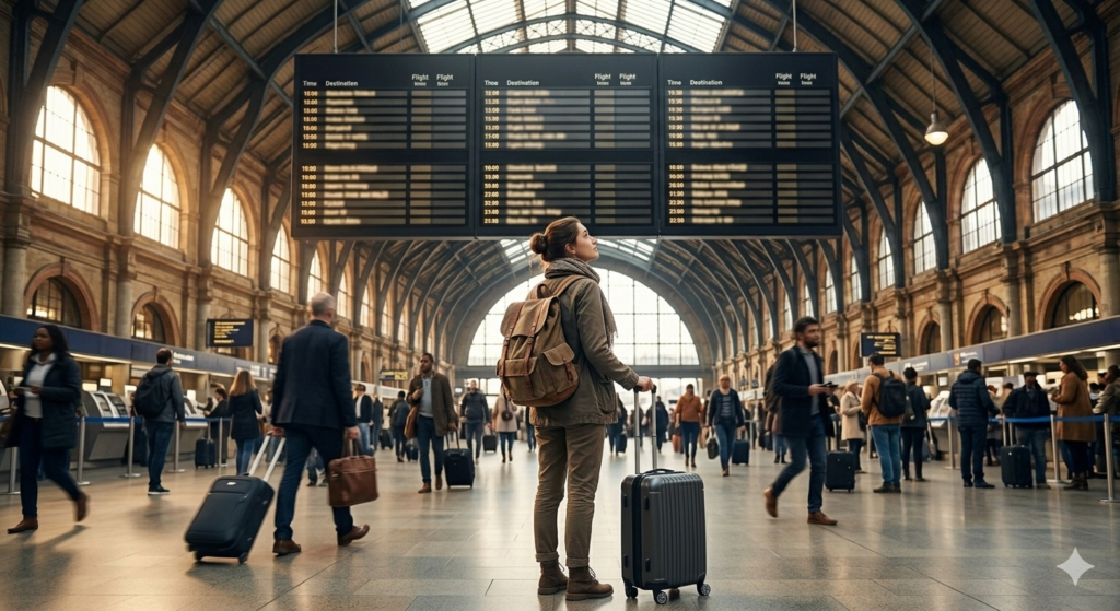 How to plan multi city vacations feature image — traveler at a European train station concourse looking at departure board with carry-on bag representing confident multi-city travel planning