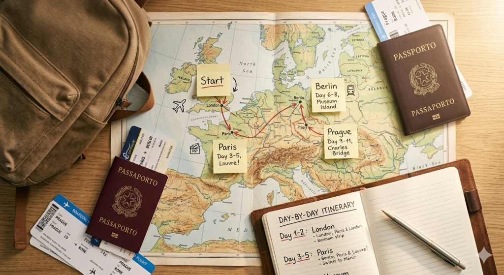 How to plan multi city vacations — open map with hand-drawn route connecting multiple cities, sticky notes, train ticket, boarding pass, passport and itinerary notebook on a planning desk