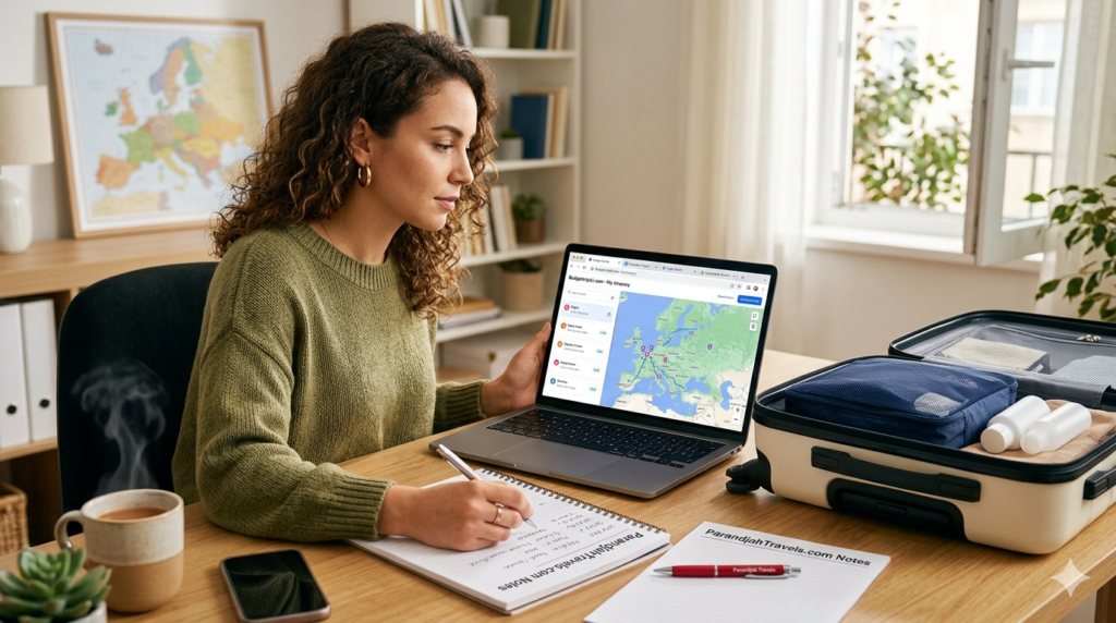 A woman sitting at her laptop desk analyzing how to plan a trip on a budget
