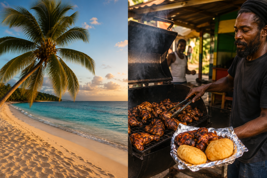 Jamaica budget travel guide 2026 — pristine white sand Caribbean beach alongside a roadside jerk chicken stall representing the two essential budget Jamaica experiences