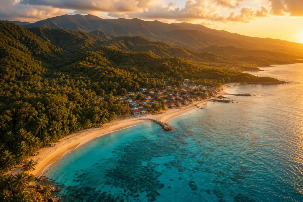 Jamaica budget travel guide feature image — aerial view of stunning Jamaican coastline at golden hour with lush jungle meeting white sand beach turquoise water and Blue Mountains in the distance