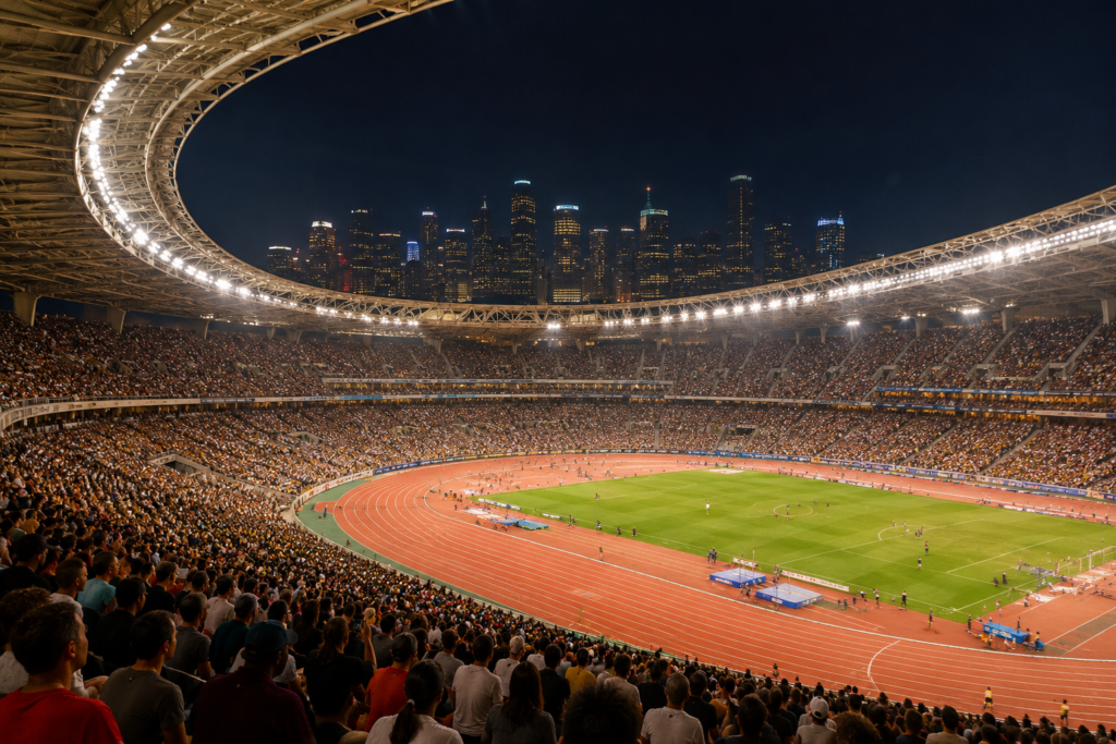 LA 2028 Olympics tickets feature image — packed Olympic stadium at night with athletics track illuminated by floodlights and Los Angeles skyline visible representing the 2028 Games atmosphere