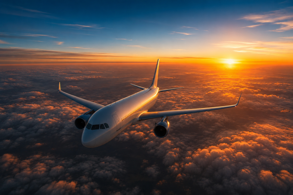 London to Bangkok flights — passenger aircraft at cruising altitude above sunset clouds representing the 11-hour direct route and cheapest carrier options for 2026
