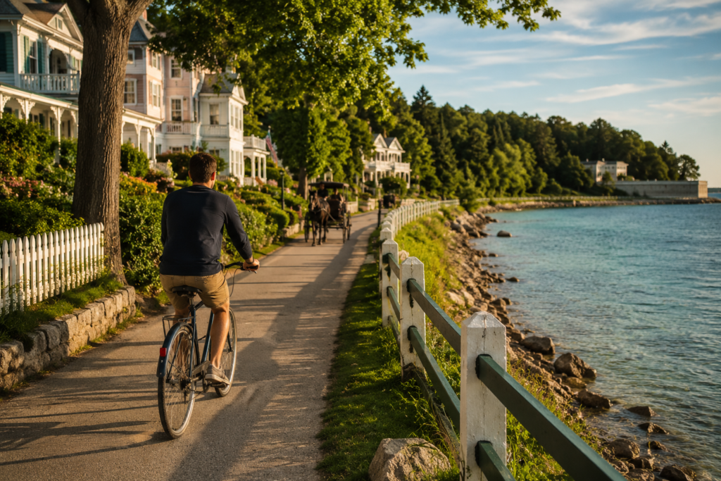 Cyclist riding along the Mackinac Island Michigan shoreline path with Great Lakes water and Victorian cottages — the North American slow travel experience