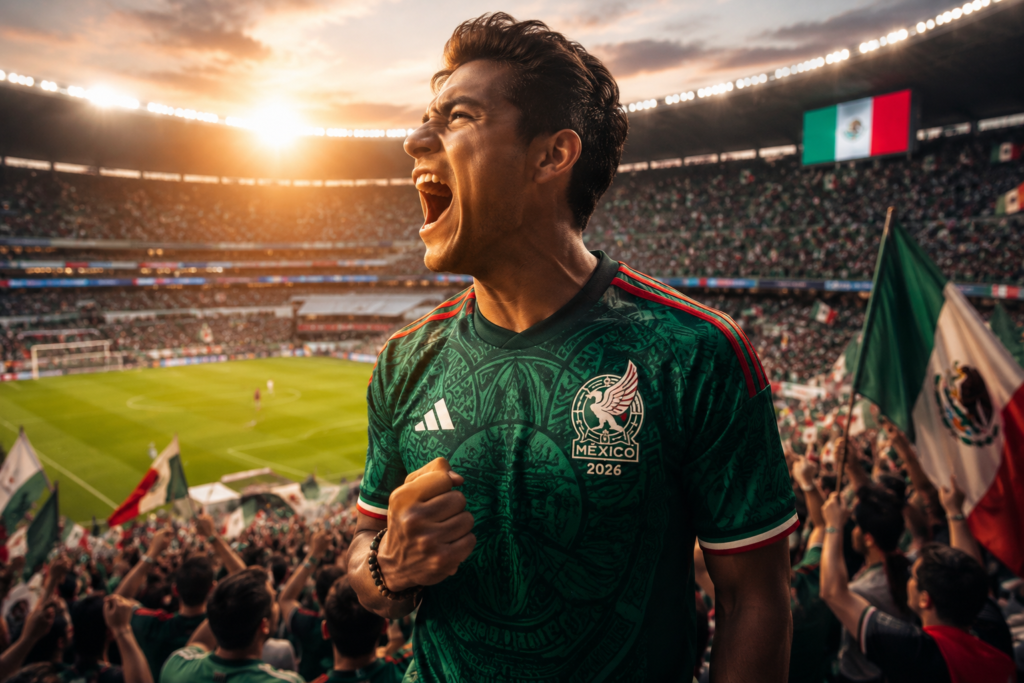 Official Mexico jersey 2026 World Cup home kit with Aztec patterns in front of the Estadio Azteca stadium.
