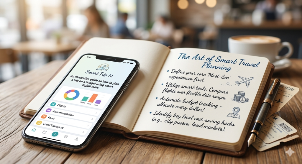 An illustrative guide on how to plan a trip on a budget using smart digital tools.