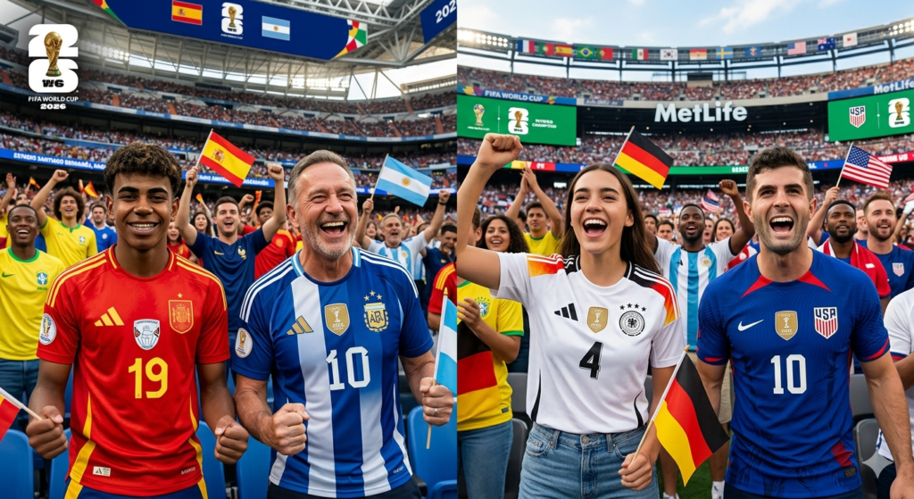 A group of fans wearing the official world cup 2026 jersey for Argentina and Spain.