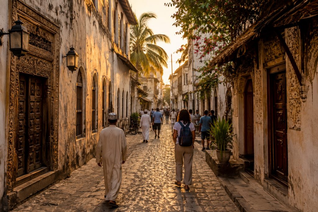 Zanzibar budget travel guide 2026 — Stone Town narrow cobblestone alley with whitewashed Arab buildings and ornate carved wooden doors at golden hour
