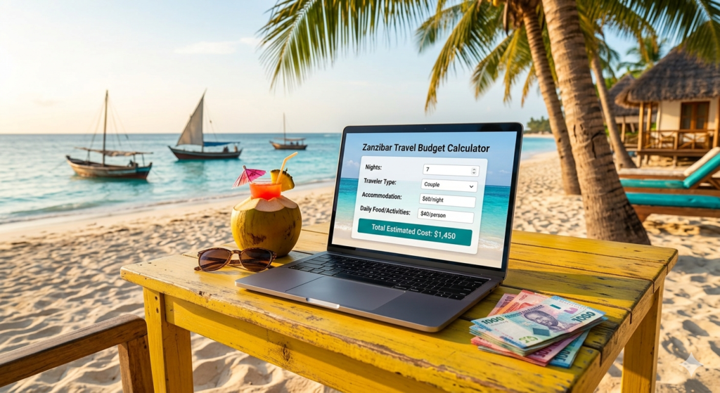 Professional Zanzibar travel budget calculator feature image showing a traditional Dhow boat on turquoise waters at sunset.