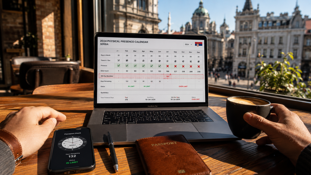 183-Day Residency Rule calendar spreadsheet tracking on a nomad laptop workstation
