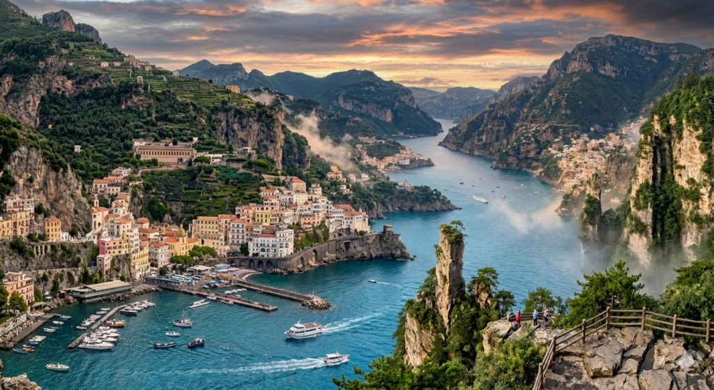 High-resolution view of pastel-colored coastal houses clinging to the steep green cliffs of the Amalfi Coast in Italy, overlooking a calm blue sea during golden hour