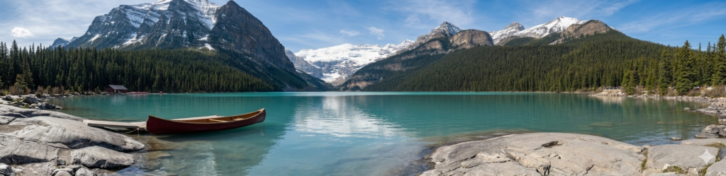 High-resolution view of a vibrant, glacier-fed turquoise lake nestled in the heart of the Canadian Rockies at Banff National Park, surrounded by lush green pine forests and towering rugged mountain peaks under clear daylight.