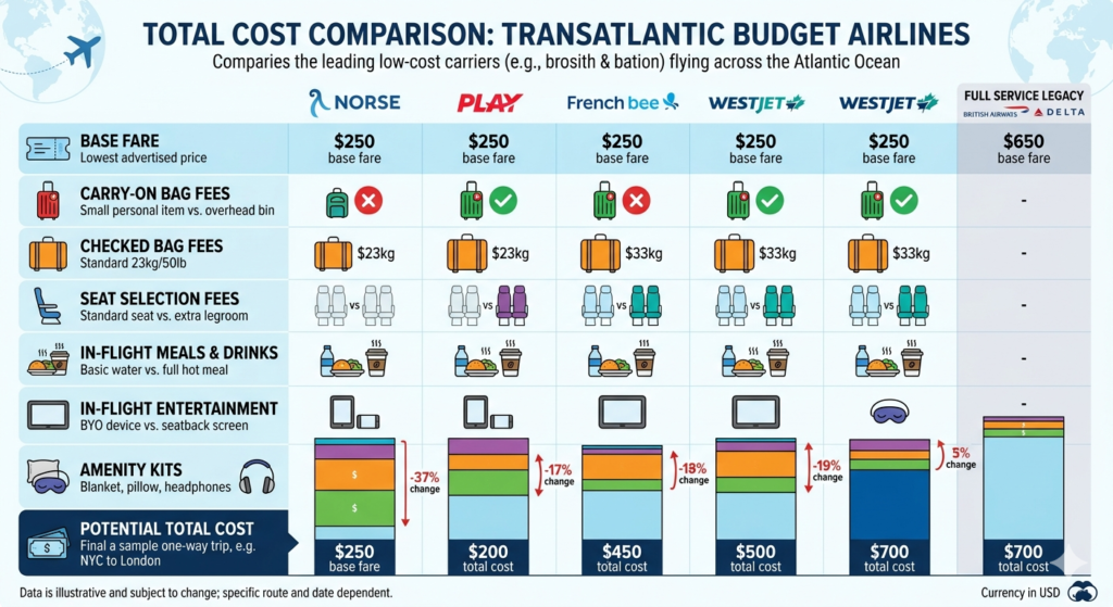 A total cost comparison chart of low-cost carriers vs legacy airlines analyzing base fares, baggage fees, seat selection, and meals for long haul flights.