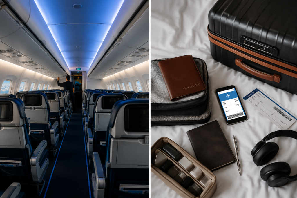 A high-end cinematic split-screen travel photo showcasing a long-haul economy airplane cabin configuration on the left and a dense stack of luggage bags with a passport on the right, highlighting unbundled fee variables for the best budget airlines for long haul flights.