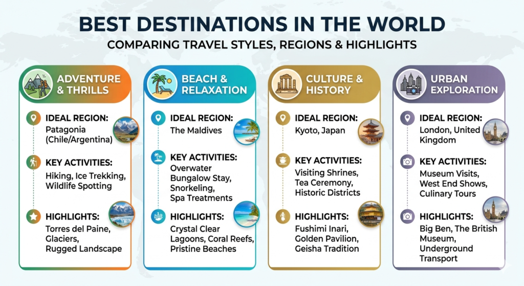 A clean matrix table highlighting the best destinations in the world broken down by travel style, ideal regions, and specific location highlights.