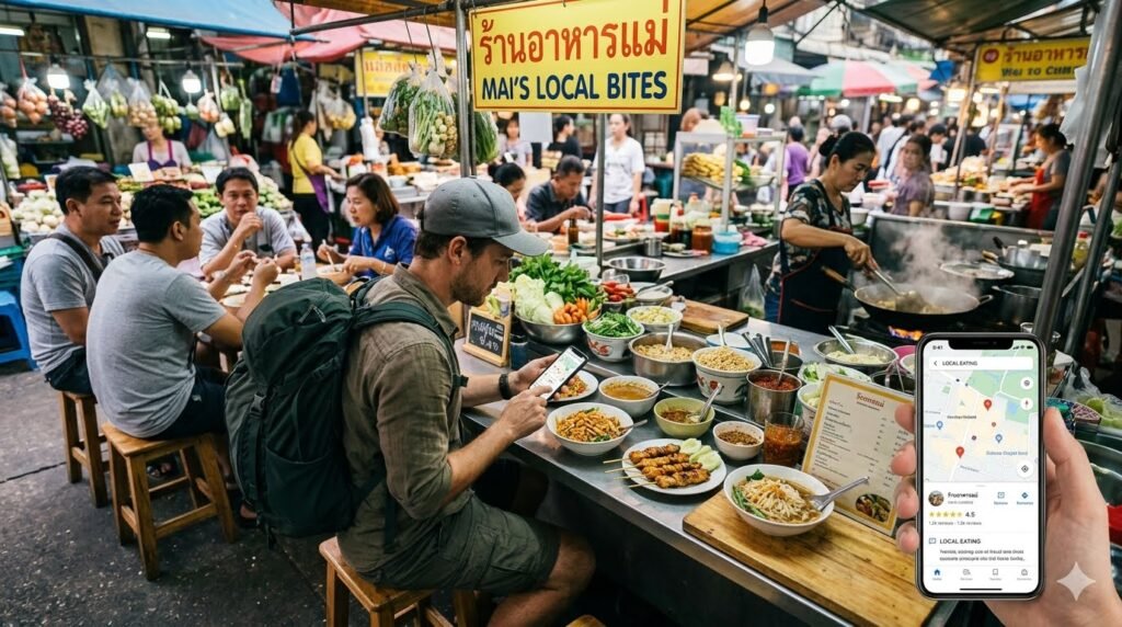 Independent traveler using food tour alternatives for local eating travel at an authentic neighborhood market counter