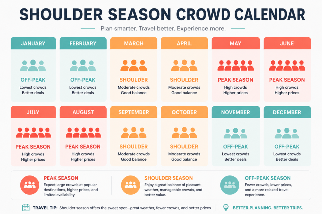 A monthly shoulder season crowd calendar chart illustrating the best time to visit popular destinations by mapping peak, moderate, and low tourist densities.