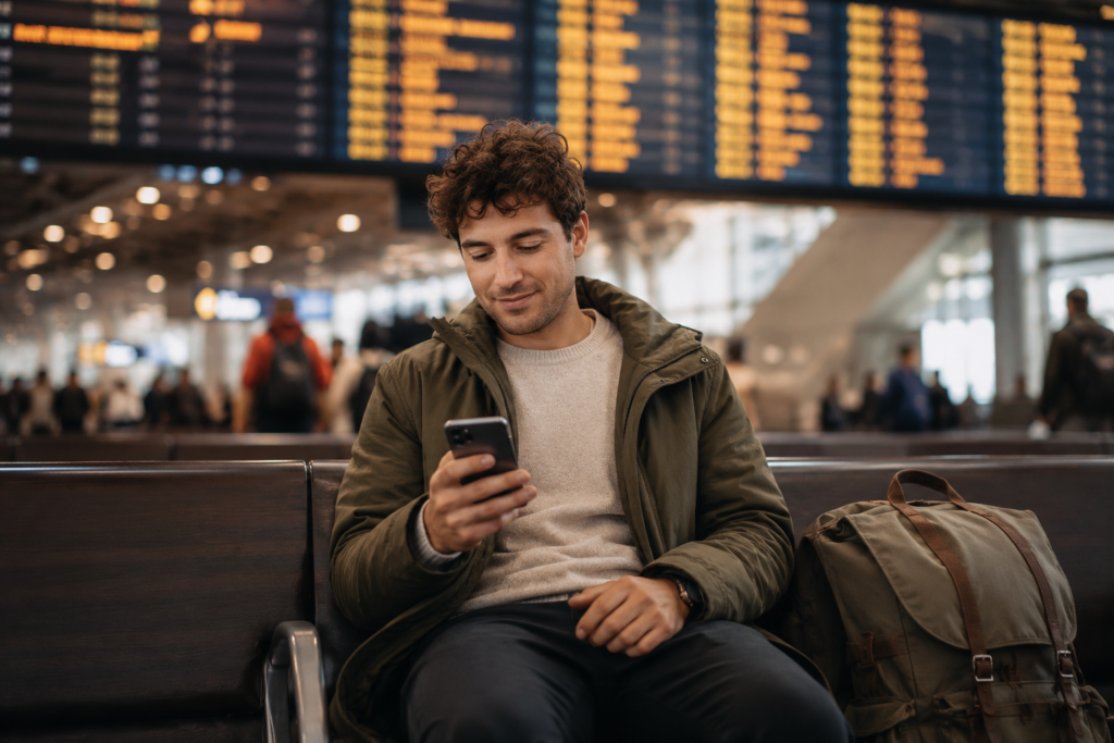 Best travel apps for budget travelers feature image — confident young traveler at a transit hub checking their smartphone with a backpack beside them and departure board in the background