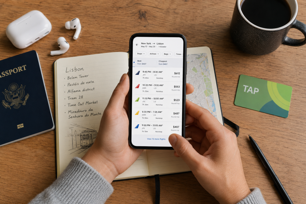 Best travel apps for budget travelers — hands holding a smartphone with flight search results beside a travel notebook, passport, transit card and coffee representing pre-trip app setup