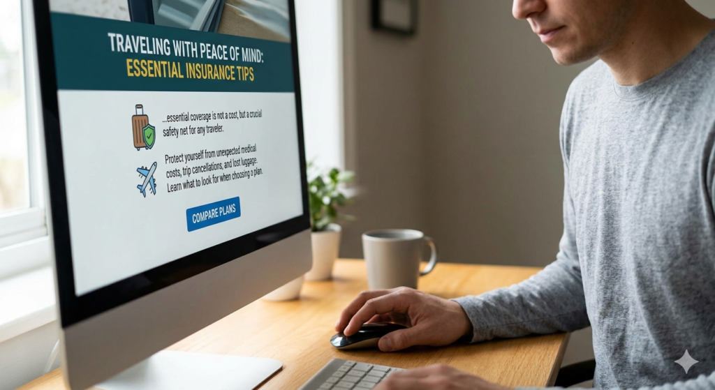 Independent traveler reviewing best value travel insurance plans on a desktop monitor