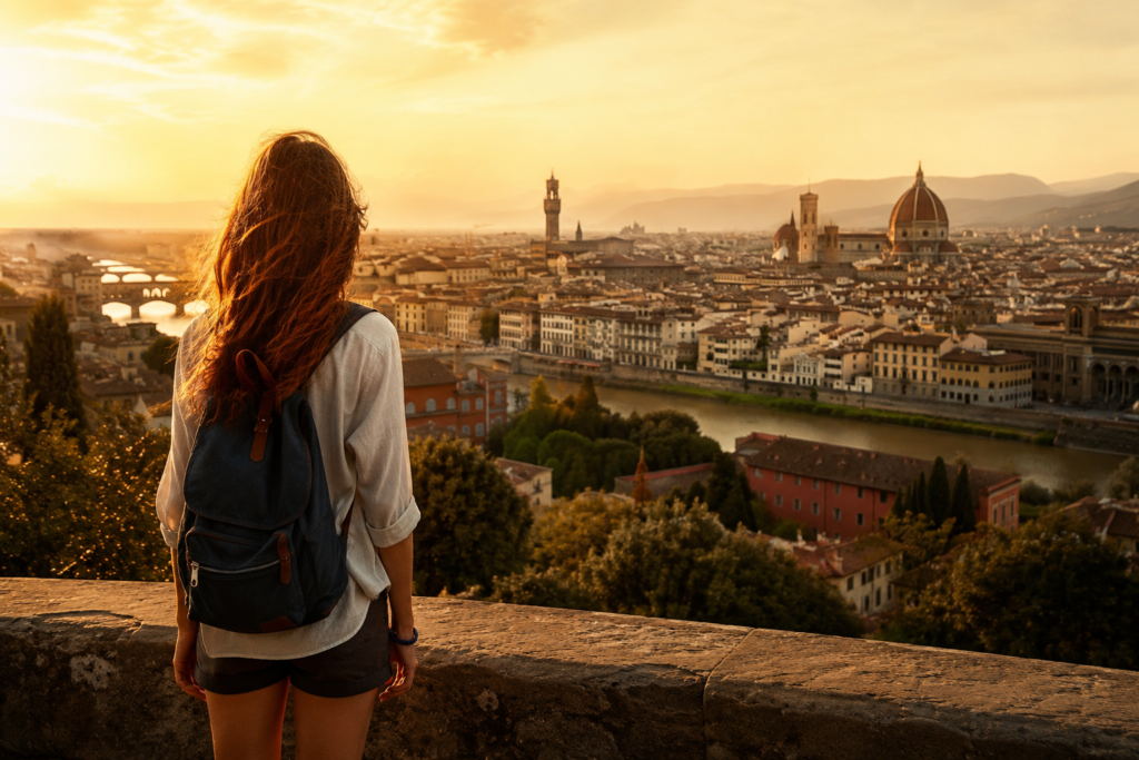Budget solo female travel guide feature image — solo female traveler standing at a scenic viewpoint overlooking an ancient city skyline at golden hour with a small daypack representing the freedom and confidence of independent solo travel
