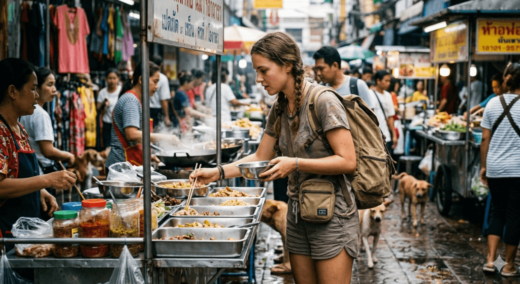Budget traveler eating street food at a local market — how to plan a trip on a budget 2026