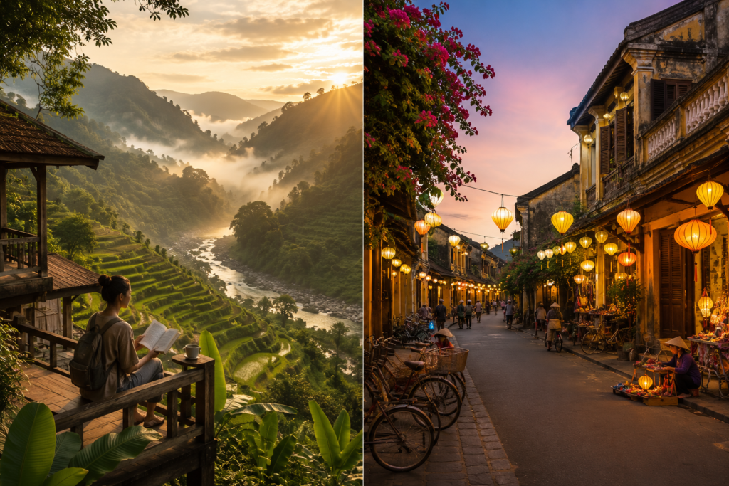 A crisp split-screen view showcasing a misty mountain rice valley in Chiang Mai next to a lantern-lit evening street in Hoi An, illustrating our slow travel guide for Southeast Asia.