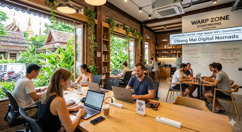 Cheap coworking spaces for digital nomads in Chiang Mai showing people working on laptops at a shared wooden table.