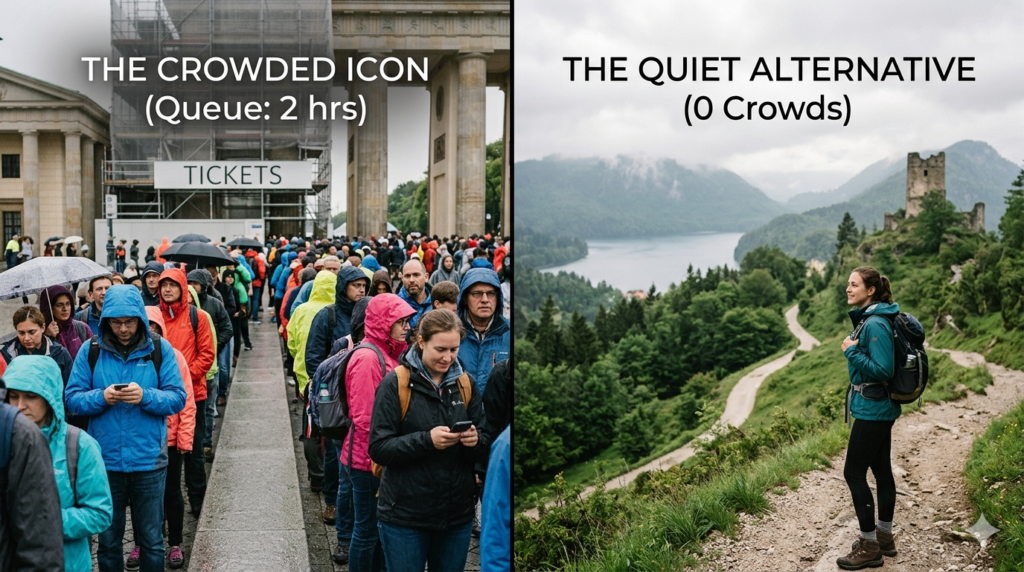 A side-by-side comparison image showing a dense, crowded tourist ticket line under rain umbrellas on the left versus a peaceful independent traveler hiking an empty scenic mountain path to ancient ruins on the right, highlighting day trip alternatives to popular tourist sites.