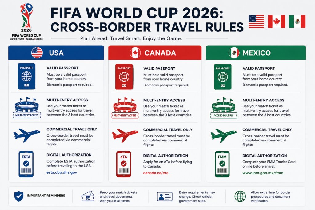 Infographic checklist outlining the FIFA World Cup 2026 cross border travel rules and passport documentation required for entering the USA, Canada, and Mexico.