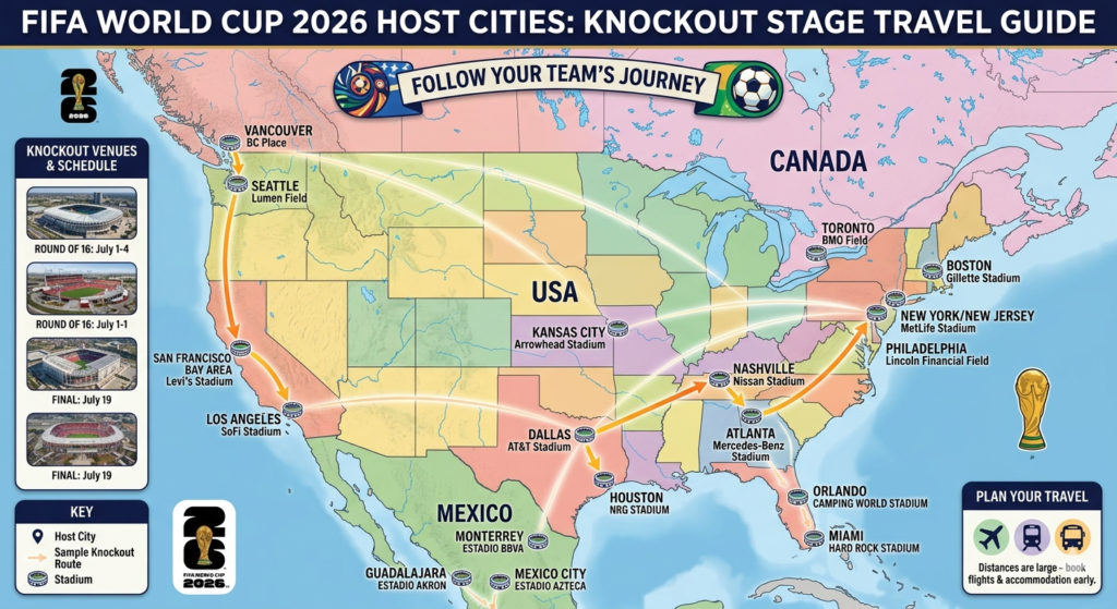 Detailed travel guide map for the FIFA World Cup 2026 showing host cities, stadiums, and knockout stage routes across Canada, the USA, and Mexico.