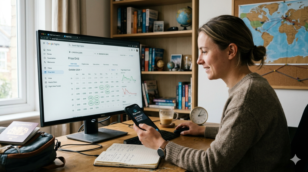 A female traveler sitting at a wooden desk at home researching data grids and finding flights off peak season on a large desktop computer monitor displaying a green calendar price matrix.