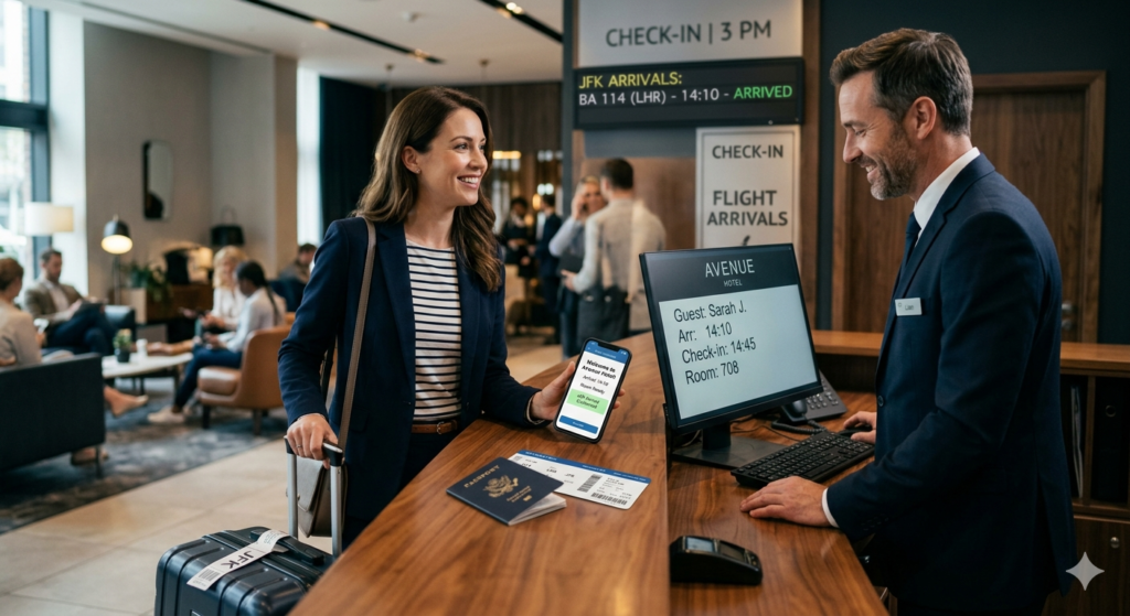 A traveler showing an arrival time on her smartphone while checking in with a receptionist at a modern hotel front desk.