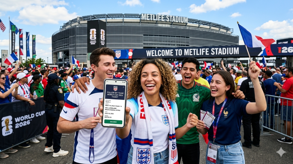 International football fans tracking their match schedule using a smartphone with a follow my team world cup 2026 ticket app confirmation