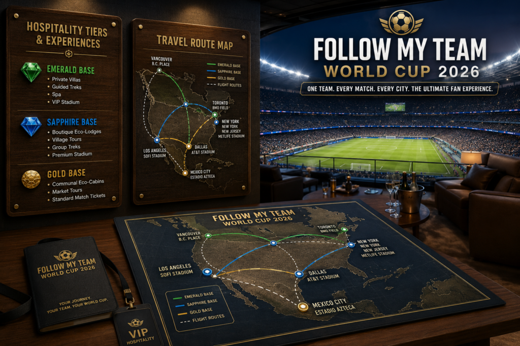 A luxury stadium hospitality suite graphic displaying Follow My Team World Cup 2026 ticket tiers and a North American host city travel map.