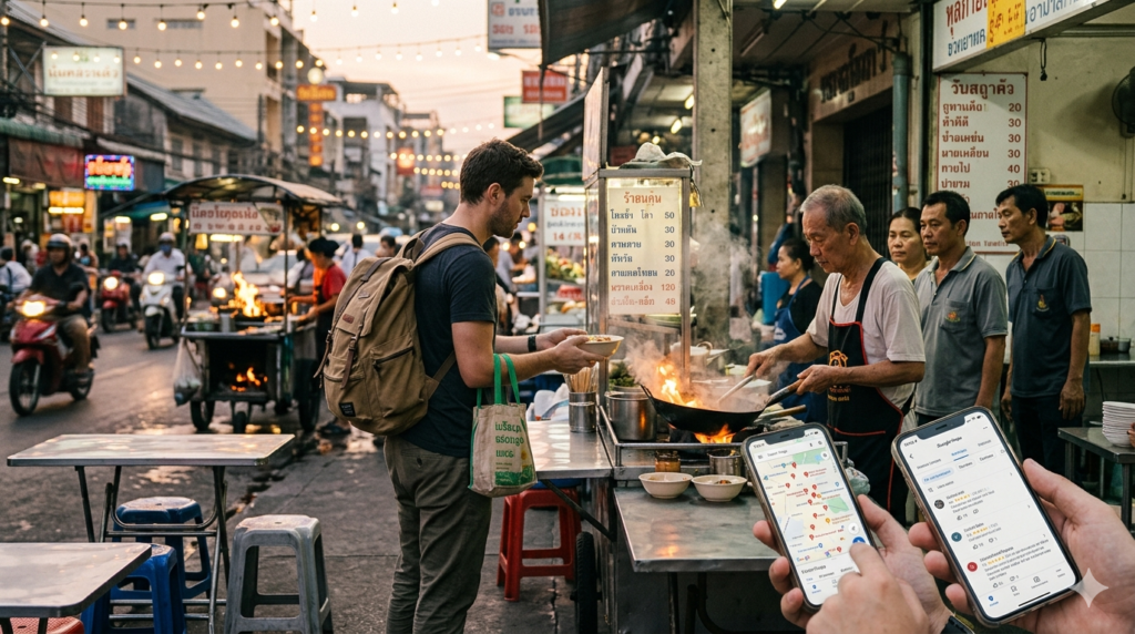 Independent traveler using food tour alternatives for local eating travel at a busy night market stall