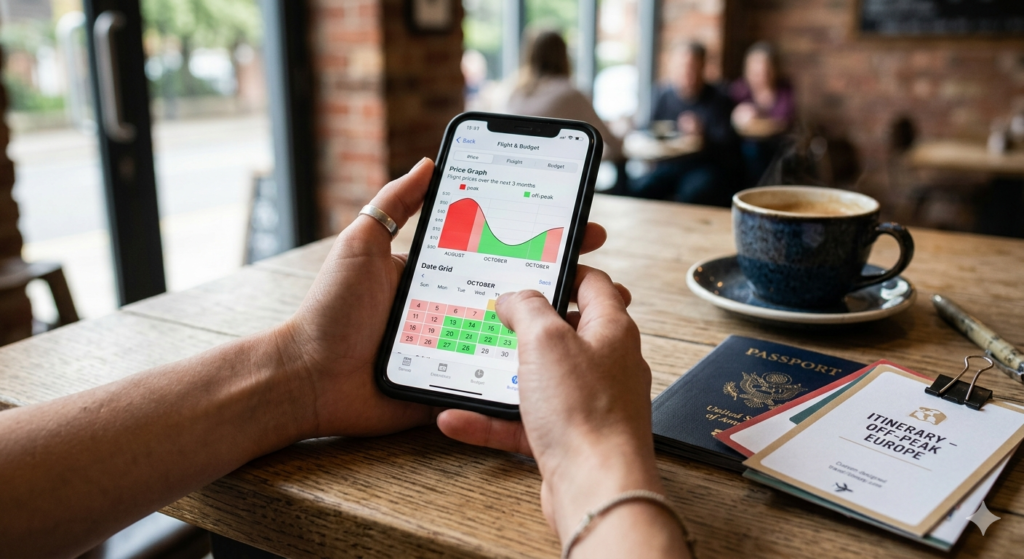 An independent traveler analyzing an interactive calendar date chart and finding flights off peak season using a custom budget application.