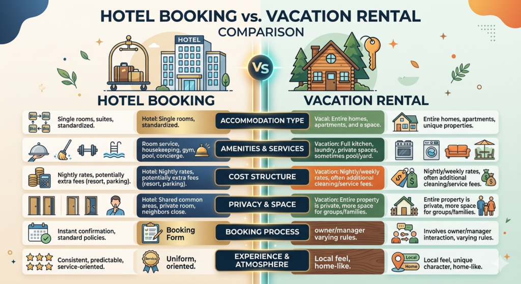 An infographic diagram comparing a hotel booking versus a vacation rental, detailing differences in amenities, cost structure, privacy, and guest experience.