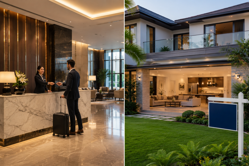 A clean split-screen comparison illustrating the choice between a hotel booking vs vacation rental for luxury event travel.