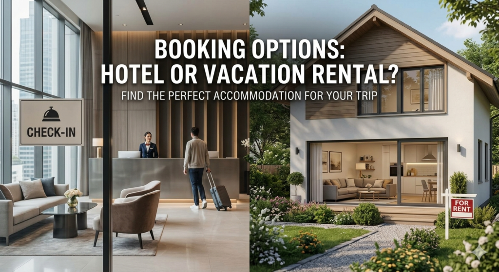 A premium split-screen comparison illustrating the choice between a hotel booking vs vacation rental for luxury event travel.
